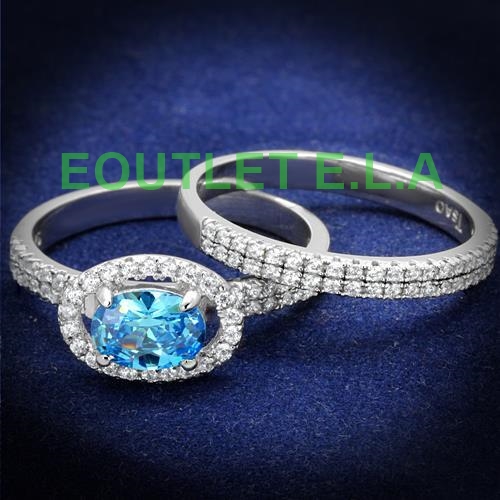 RICH BLUE CZ HALO SOLID SILVER WEDDING SET-4 sizes